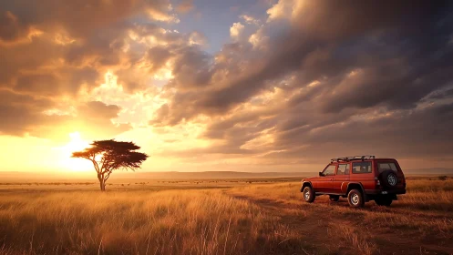 Golden savanna sunset welcomes a lone safari journey