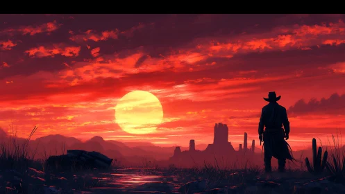 Lone cowboy surveys blazing desert sunset horizon in silence.