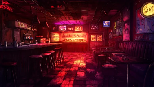 Neon lit empty bar interior with moody red atmosphere.