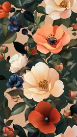Botanical floral composition with coral, cream, navy flowers.