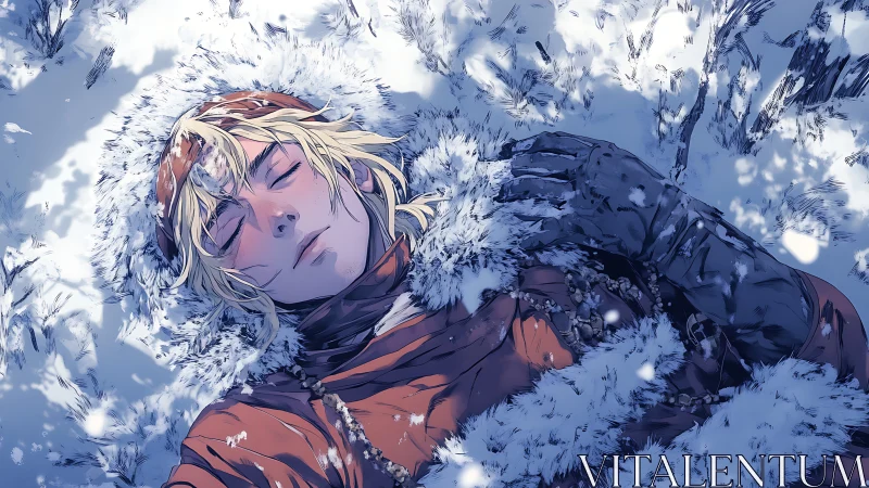 Figure lying in winter snow wearing fur lined red clothing.