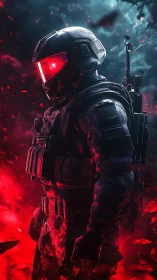 Armored space soldier stands in crimson cosmic storm