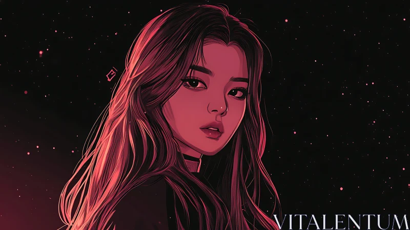 Female portrait illustration under red-tinted star field.