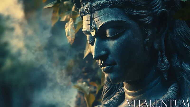 Serene stone deity profile rendered in warm atmospheric light