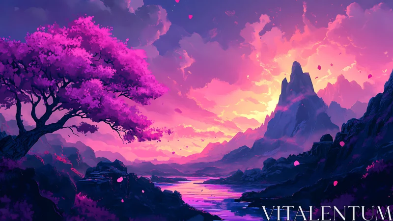 Pink tree and distant mountains over reflective river at dusk.