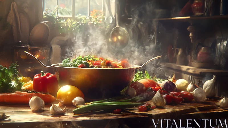 Rustic copper pot simmers vibrant garden vegetables.