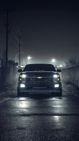 Black Chevy truck dominates wet urban night alleyway scene.