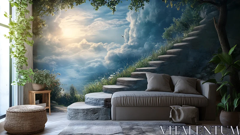 Serene loft interior merging stone steps with sky mural.