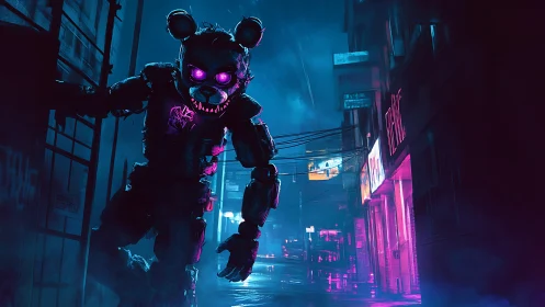 Neon-lit killer animatronic stalks a rainy cyberpunk alley