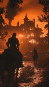 Cinematic cowboy silhouettes approach a burning Victorian mansion