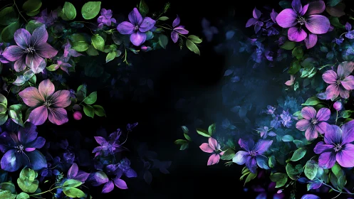 Purple Flowers Frame Dark Botanical Composition.