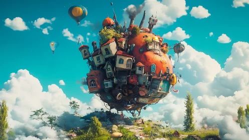 Floating village sphere drifts above meadow under bright clouds