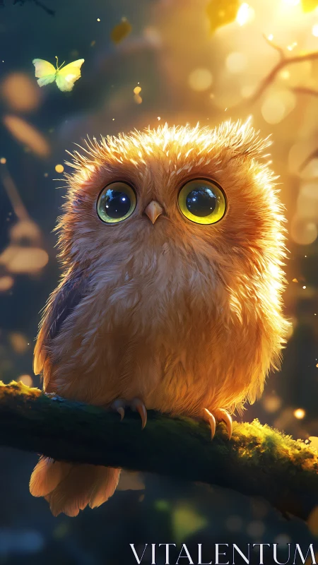 Starlit baby owl and glowing forest butterfly dreamscape.