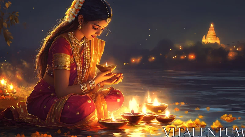 Riverbank prayers drift as golden diyas whisper to night