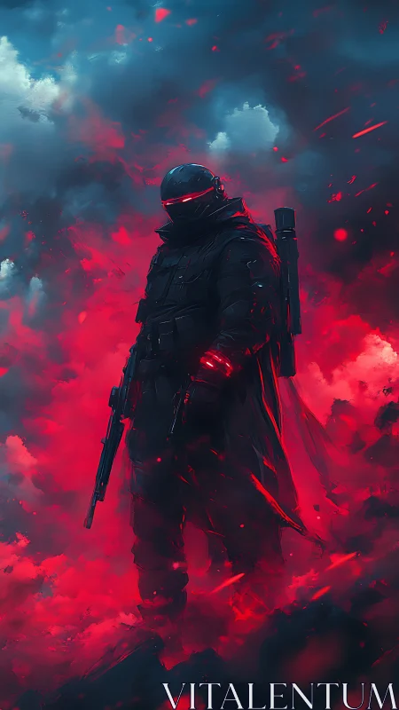 Neon dusk enforcer strides through electric crimson storm.