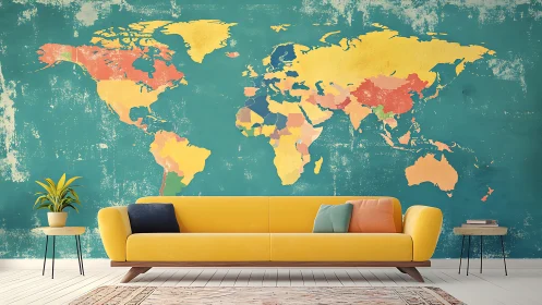 Color-blocked world map mural frames modern yellow sofa
