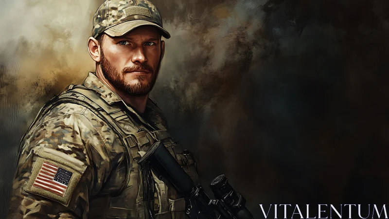 Quiet sentinel in camouflage stands against storm-dark haze.