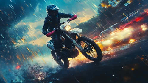 Motorcyclist cuts through neon rain on a stormy city street
