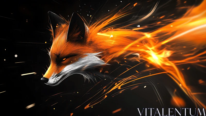 Fiery fox head streaks forward through blazing light trails