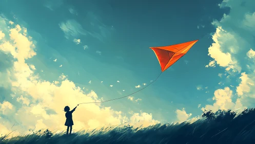 Child silhouette flying bright orange kite at dusk sky.