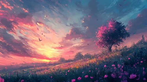 Digital landscape shows sunset sky and solitary flowering tree