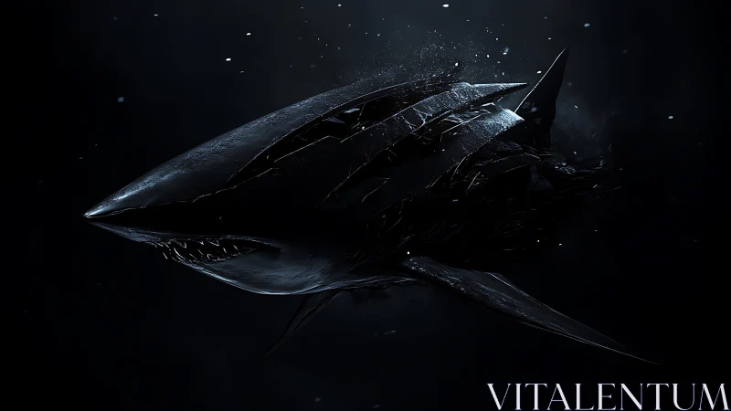 Fragmented biomechanical shark rendered in abyssal contrast.