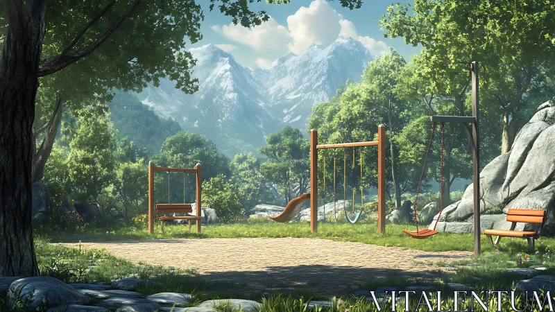 Mountain forest playground under clear summer daylight.