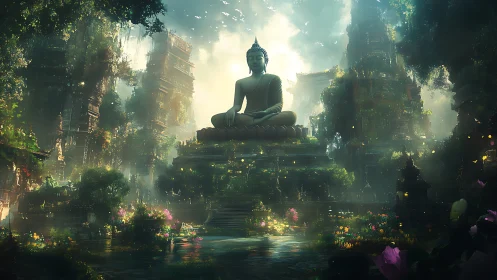 Large seated Buddha statue in overgrown temple complex.