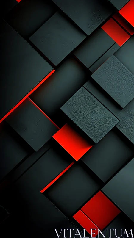 Geometric black panels with recessed red rectangular accents