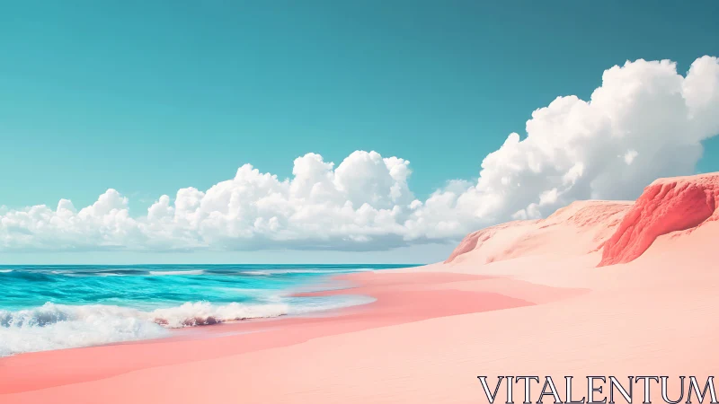 Surreal Pink Beach Shoreline with Turquoise Waters and Coastal Cliff Formation