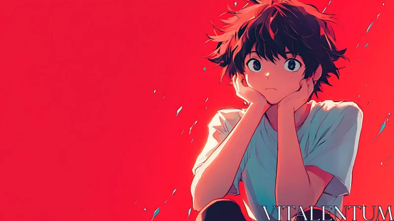 Boy with tousled hair sits against red background, thinking