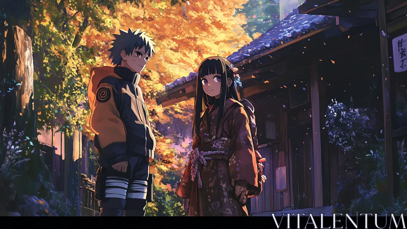 Autumn lane encounter with pensive anime teens in warm glow.