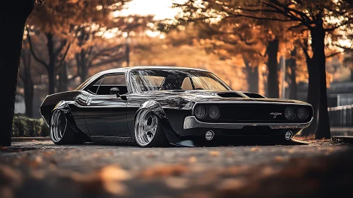 Lowered black muscle car on tree-lined autumn street.