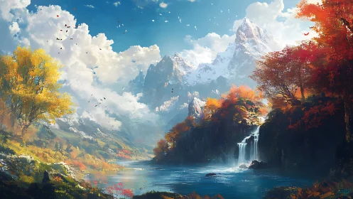 Golden valley, bright river and distant snowcapped peaks.