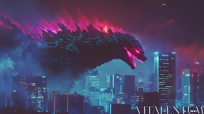 Neon kaiju overclocked above vapor-saturated cyber skyline.