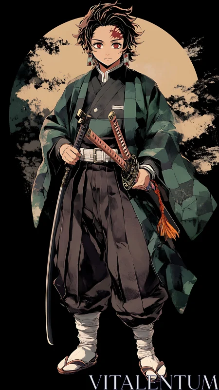 Moonlit young swordsman poised before storm-burnished sky.