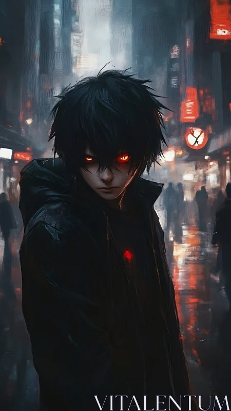 Cyberpunk street portrait with red-eyed antihero focus.