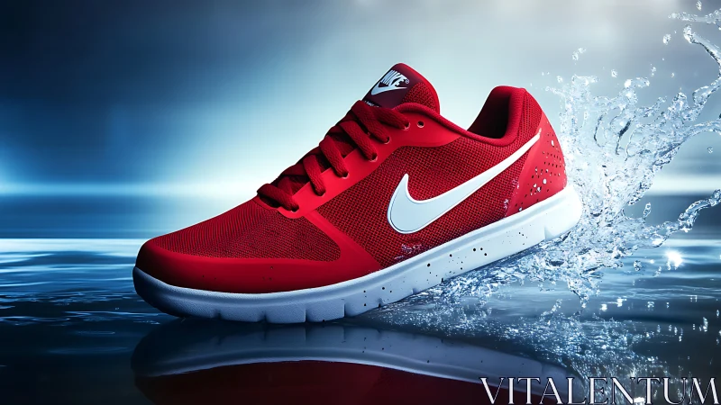 Red athletic sneaker splashing through reflective water surface.