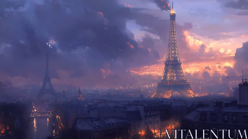 Eiffel Tower glows over twilight Paris beneath stormy skies