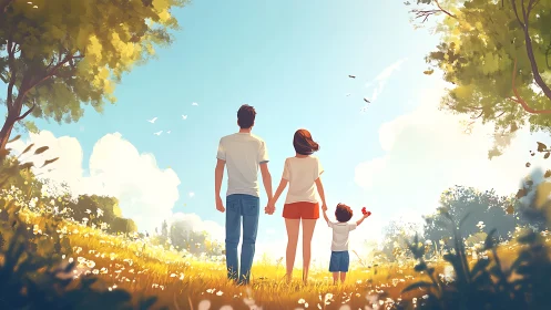 Family group viewed from behind in sunlit meadow landscape.