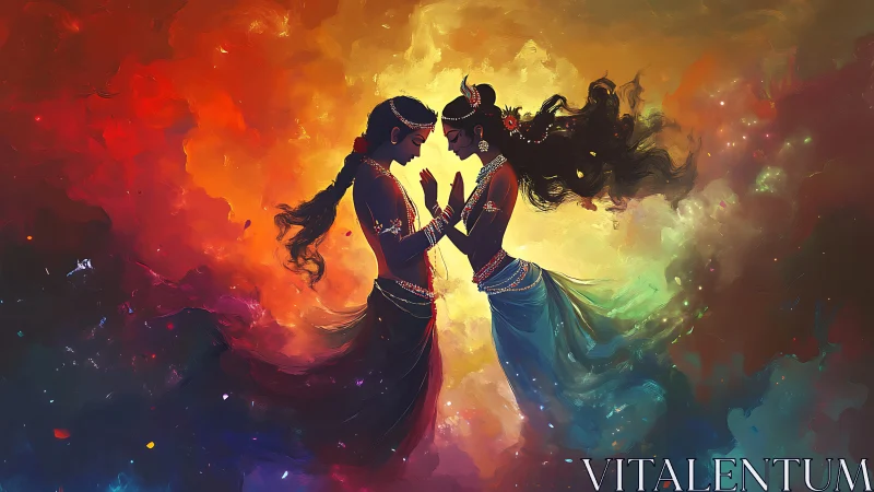 Celestial Dance: Two Silhouettes Collide in Radiant Infinity.