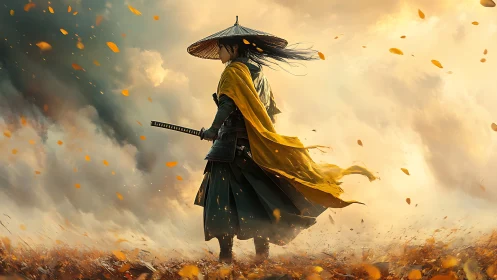 Samurai wanderer in dynamic autumn storm, high-detail digital composition.