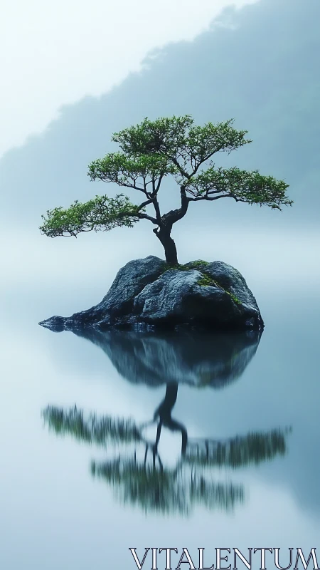 Solitary bonsai on misted lake rock with mirror reflection.