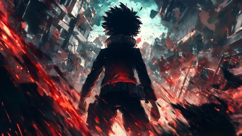 Anime hero stands amid burning ruined city streets.
