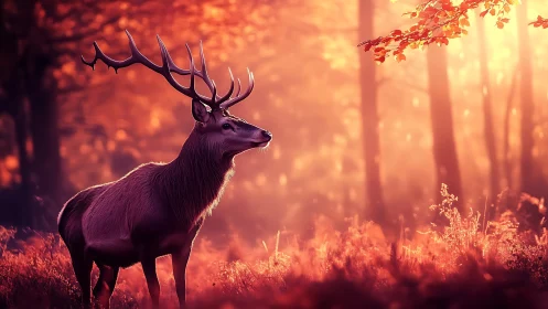 Golden forest stag pauses gently in glowing autumn light