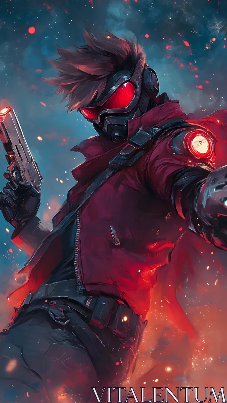 Masked space gunslinger aims blaster through burning nebula