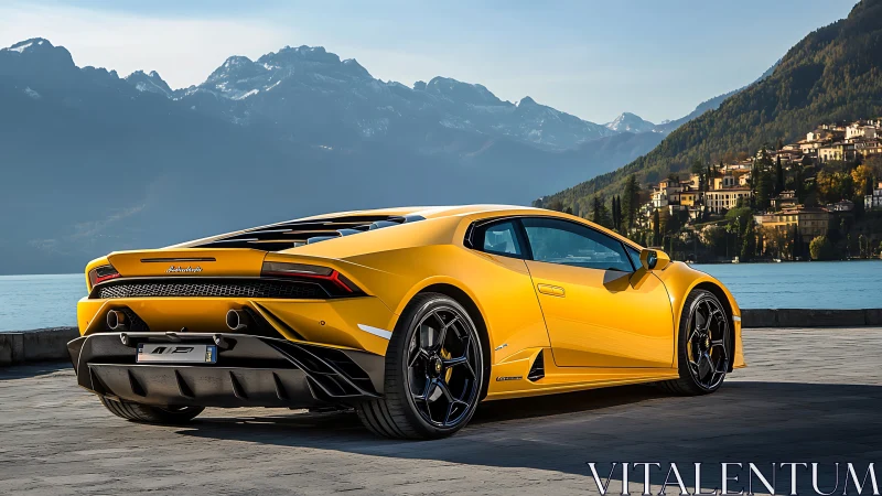 Sunlit supercar stretches its curves beside glacier-blue lake