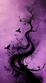 Twisted black tree silhouettes rise against violet skies.