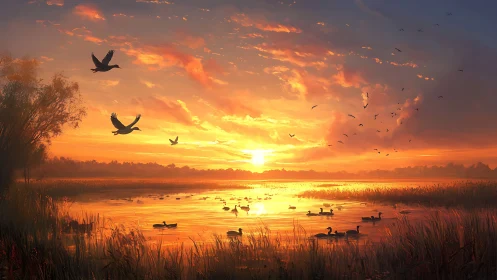 Golden marsh sunrise where wild geese script the sky.