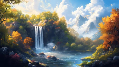 Waterfall hush braids autumn light into a mountain dream